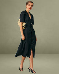 The Black V Neck Button Puff Sleeve Midi Dress