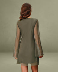 Green Mesh Boat Neck A-Line Mini Dress