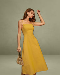 Yellow Square Neck Shirred Slip Midi Dress