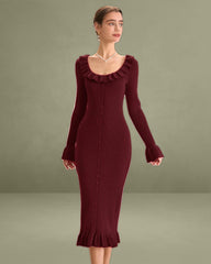 Wine Red Bodycon Bell Sleeve Sweater Dress