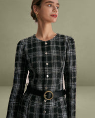 The Black Crew Neck Plaid A-Line Mini Dress