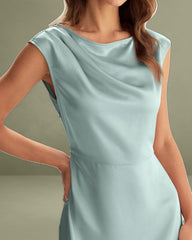 Blue Satin Boat Neck Slit Sleeveless Midi Dress