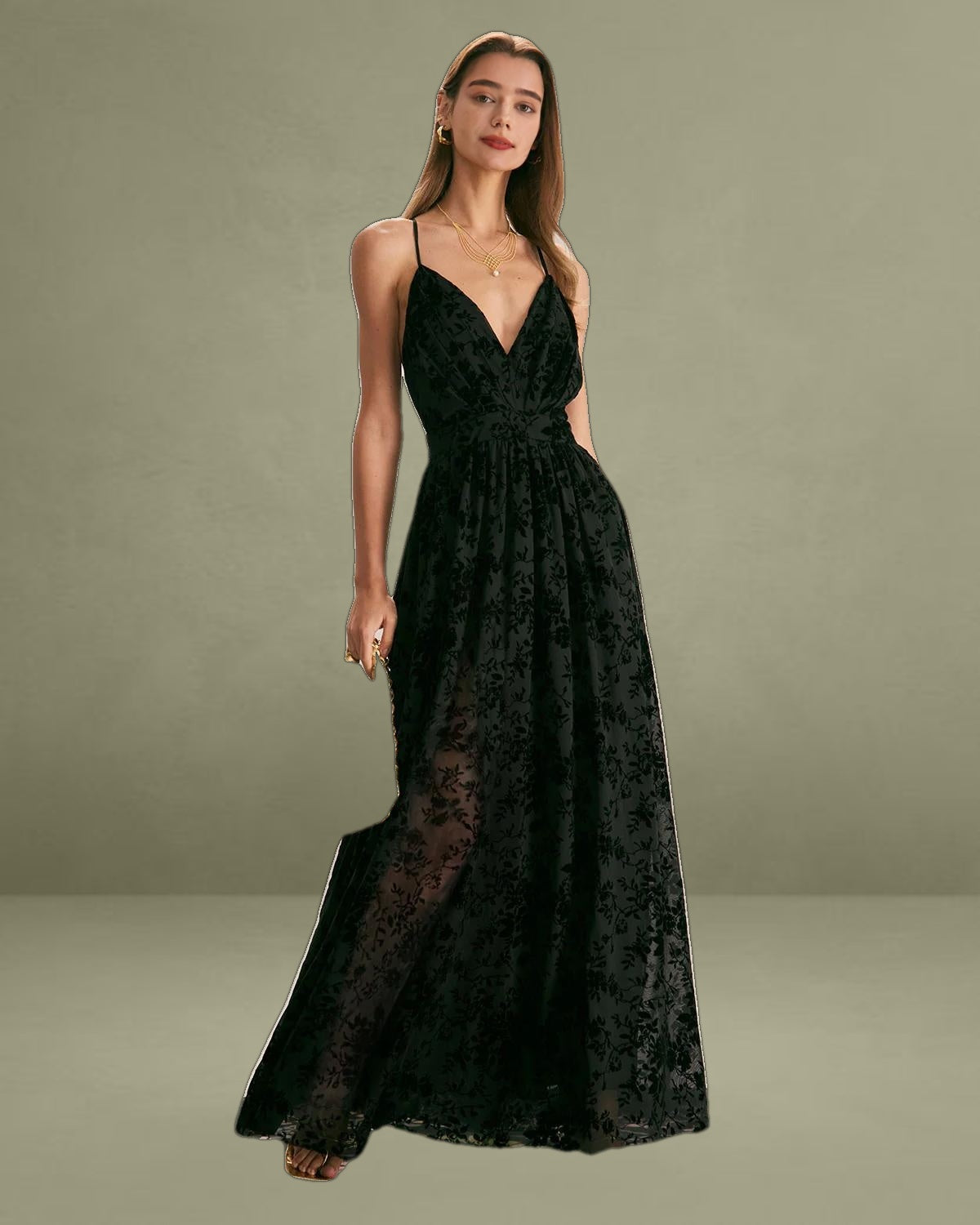 The Black Floral Flocked Mesh Slit Maxi Dress