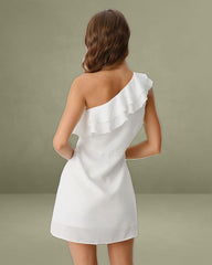 White Ruffle One Shoulder Mini Dress