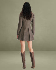 Brown Buttoned Pleated Mini Dress