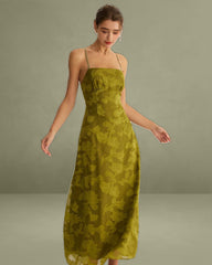 Green Floral Ruched Backless Maxi Slip Dress