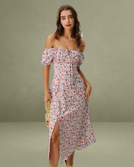 Grey Floral Square Neck Puffed Sleeve Midi Dress