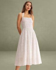 White Embroidery Halter Midi Dress
