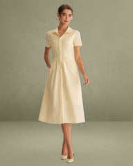 Yellow Button Short Sleeve Midi Dress