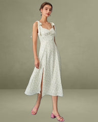 The Light Green Satin Floral Tie Strap Slit Midi Dress