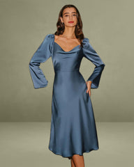 Blue Cowl Neck A-Line Midi Dress