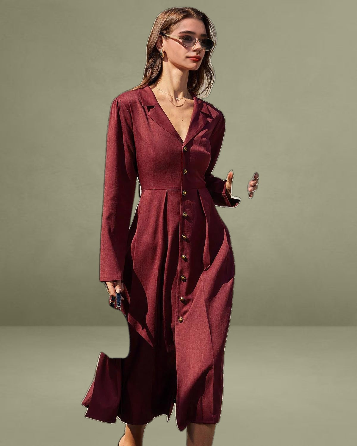 Wine Red Ruched A-Line Midi Dress