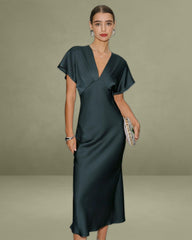 Green Satin Cowl Sleeve Mid-length Dress