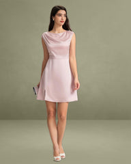Pink Boat Neck Satin Mini Dress