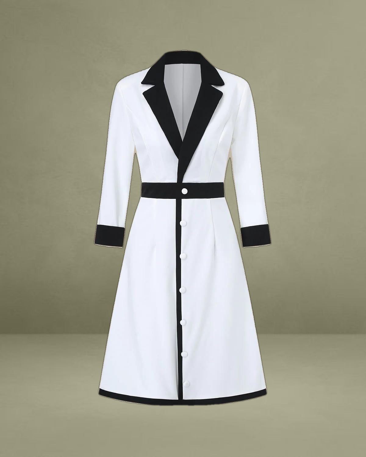 White Contrasting V Neck Button Midi Dress