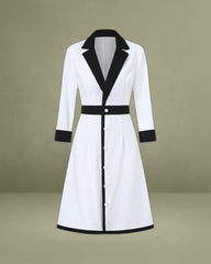 White Contrasting V Neck Button Midi Dress