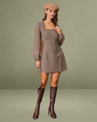 Brown Plaid Square Neck A-line Mini Dress
