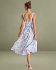 The Blue Square Neck Floral Ruched Midi Dress