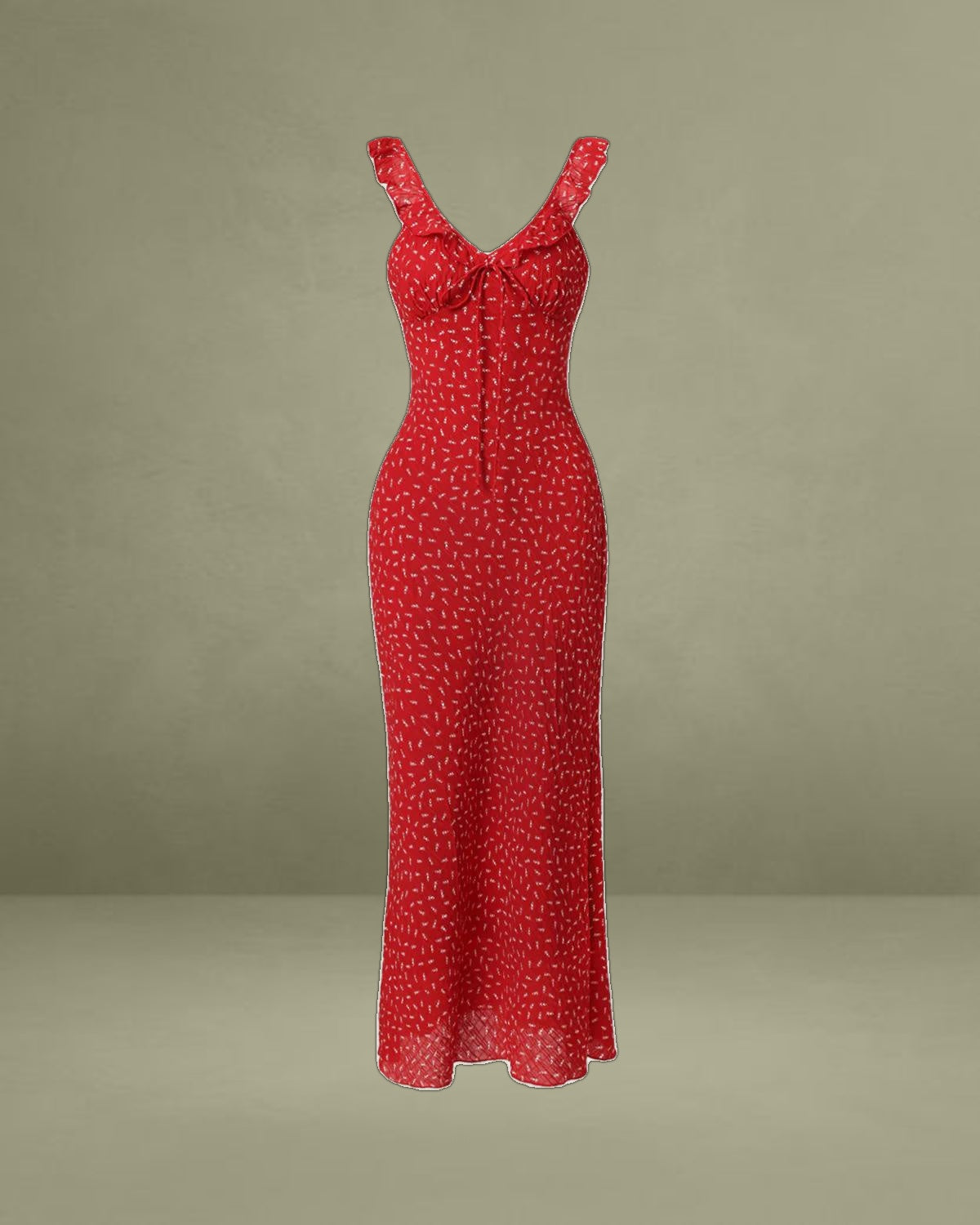 Red Floral V Neck Ruffle Maxi Dress