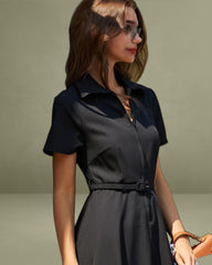 Black A-Line Belted Midi Dress