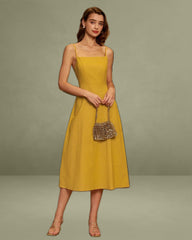 Yellow Square Neck Shirred Slip Midi Dress