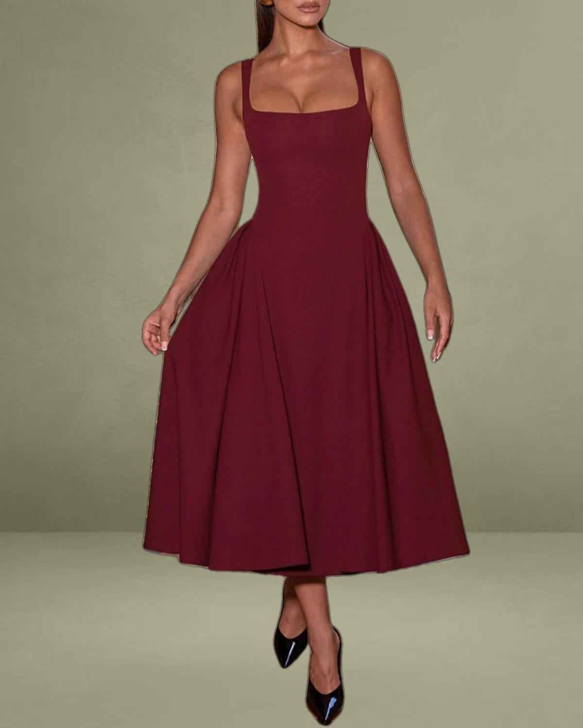 Red Square Neck A-Line Slip Midi Dress