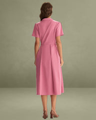 Rose Red V-Neck Button Midi Dress