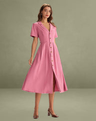 Rose Red V-Neck Button Midi Dress