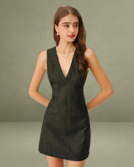 Dark Green V Neck Sleeveless Mini Dress
