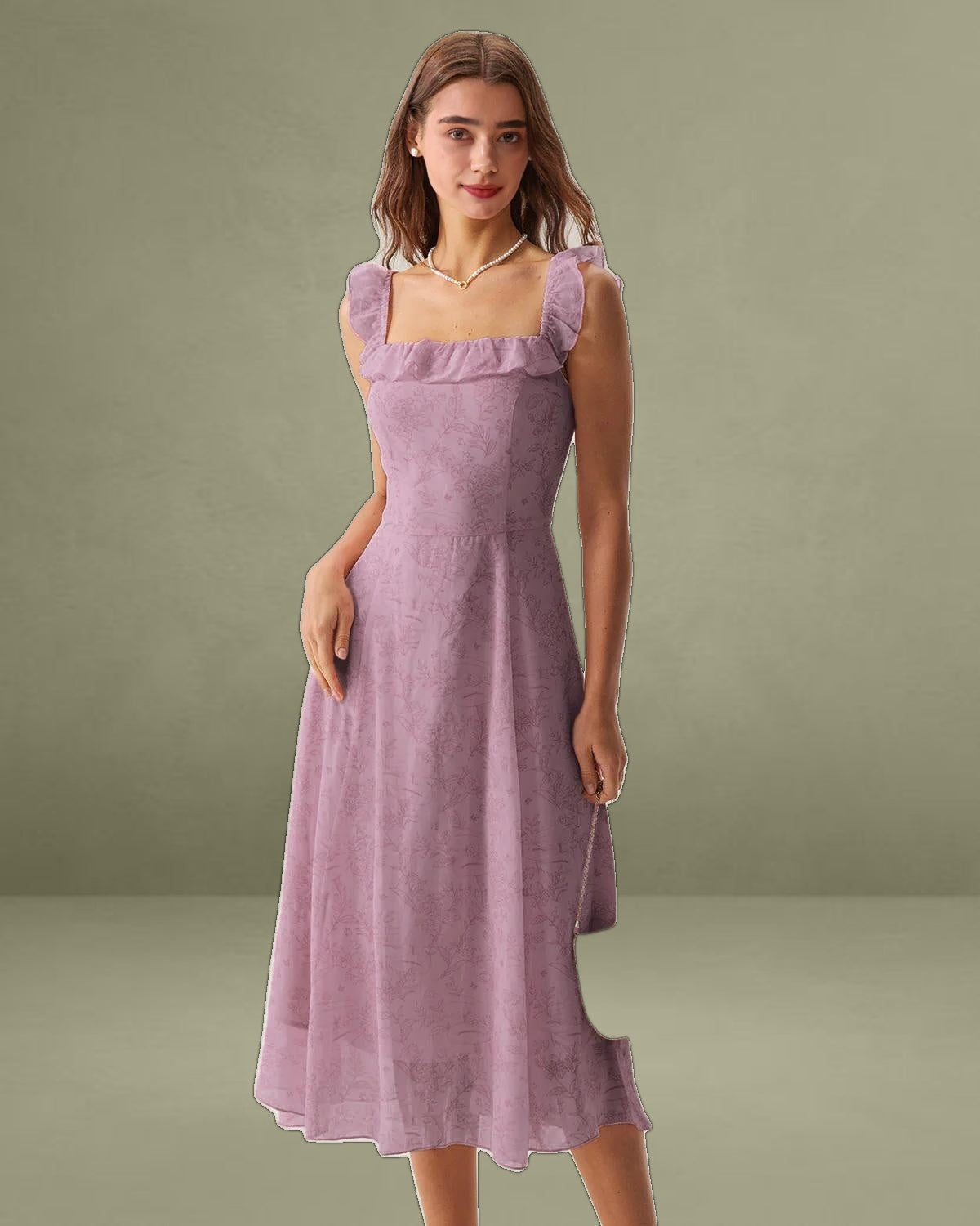 Purple Floral Square Neck Ruffle Slip Midi Dress