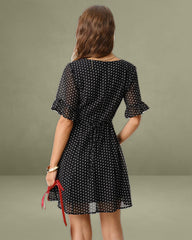 Black Polka Dot V Neck Ruffle Mini Dress