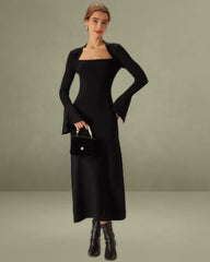 The Black Square Neck Flare Sleeve Midi Dress