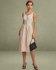 The Khaki Round Neck A-Line Midi Dress