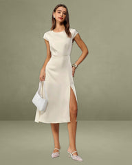 Beige Satin Cut Out Slit Midi Dress