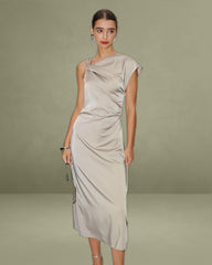 Grey Cowl Sleeve Asymmetrical Satin Midi Dress