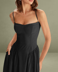 Black Square Neck Pocket Slip Midi Dress