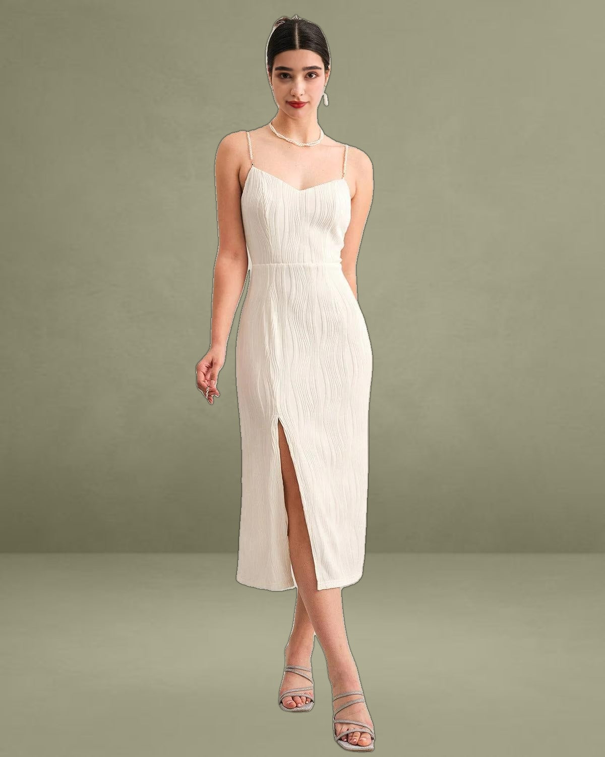 The Wave Textured Pearl Strap Midi Dress