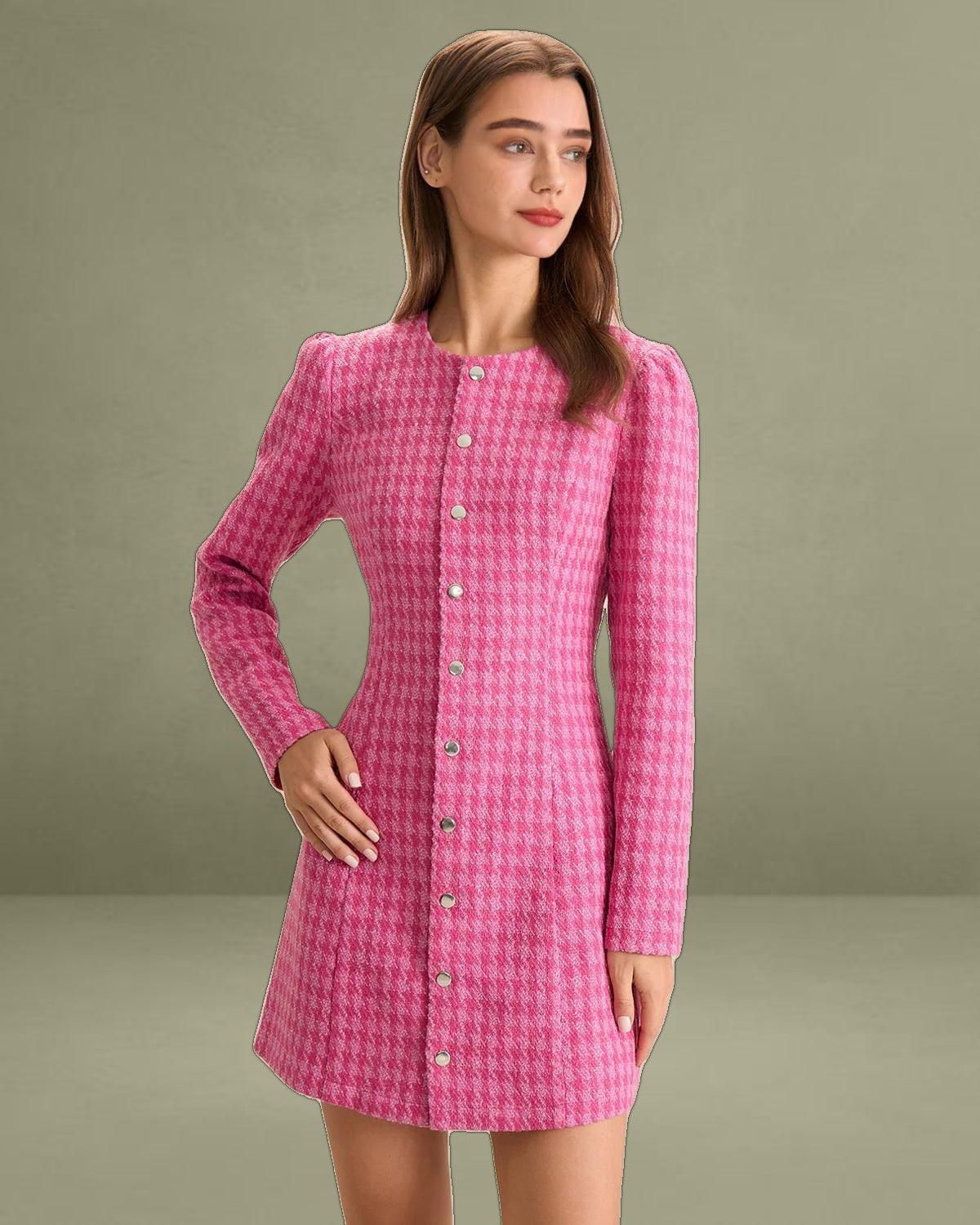 Women's Pink Single-breasted Tweed Mini Dress