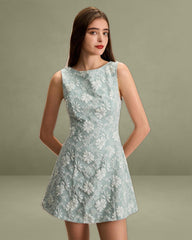 Women's Green Boat Neck Jacquard Mini Dress