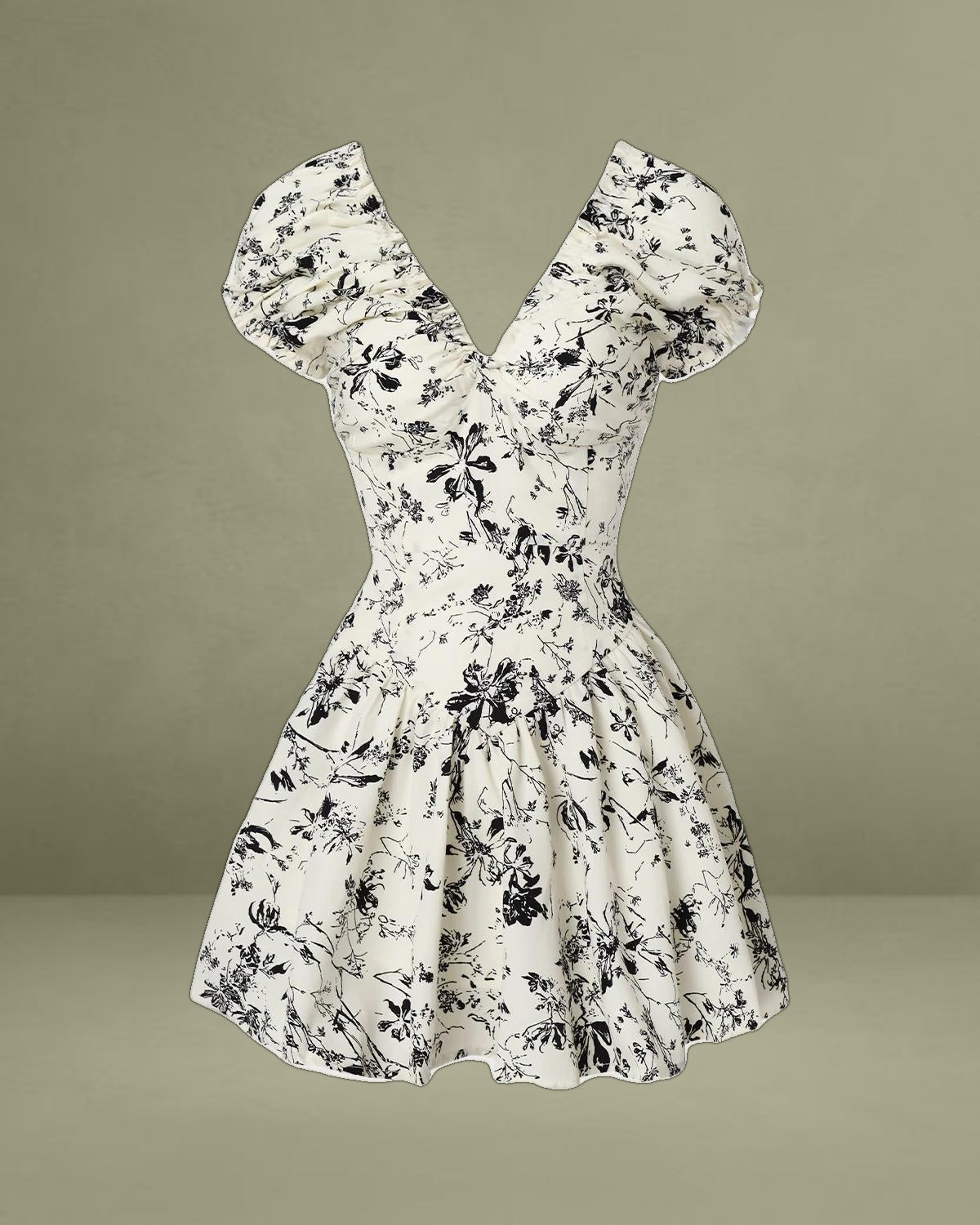 White Floral Ruched V Neck Mini Dress