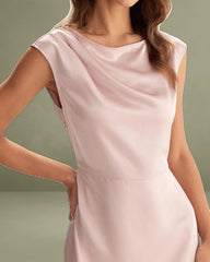 Pink Satin Boat Neck Slit Sleeveless Midi Dress