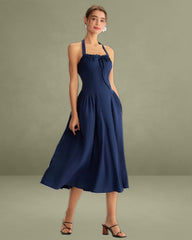 Navy Ruched Halter Midi Dress