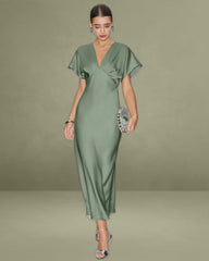 Green Satin V-Neck A-Line Mid-Length Dress