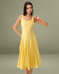 Yellow Square Neck Pleated Slip Midi Dress