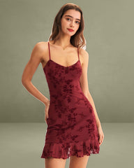 Red Floral Mesh Slip Mini Dress