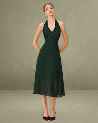 Green Chiffon A-Line Halter Midi Dress