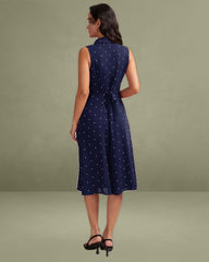 Navy V Neck Polka Dot Tie Back Midi Dress