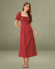 Red Polka Dot A-Line Square Neck Midi Dress