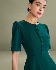 Green Puffed Sleeve Button Midi Dress