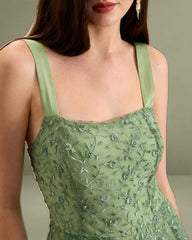 Women's Green Embroidery Mesh Slip Maxi Dress